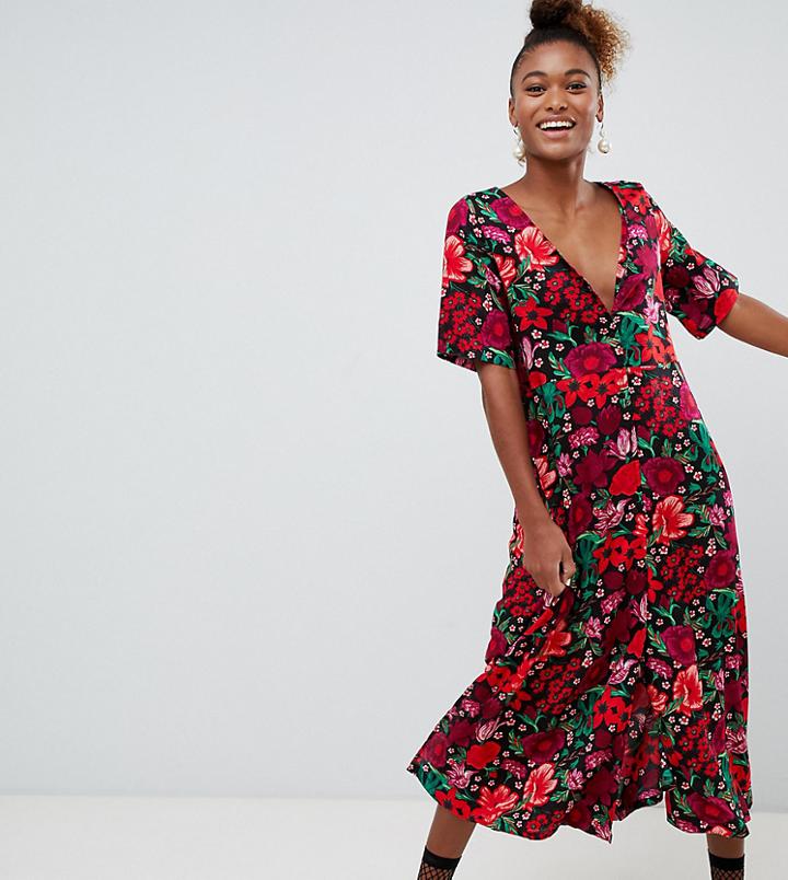 Monki Short Sleeve Button Through Flower Print Midi Dress