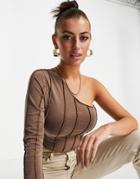 Asos Design One Shoulder Top With Exposed Seams In Washed Brown