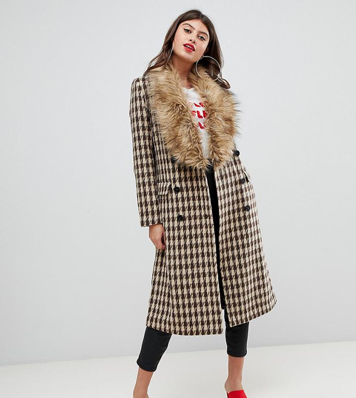 Unique21 Oversized Car Coat In Yellow Check With Faux Fur Collar And Cuffs - Yellow