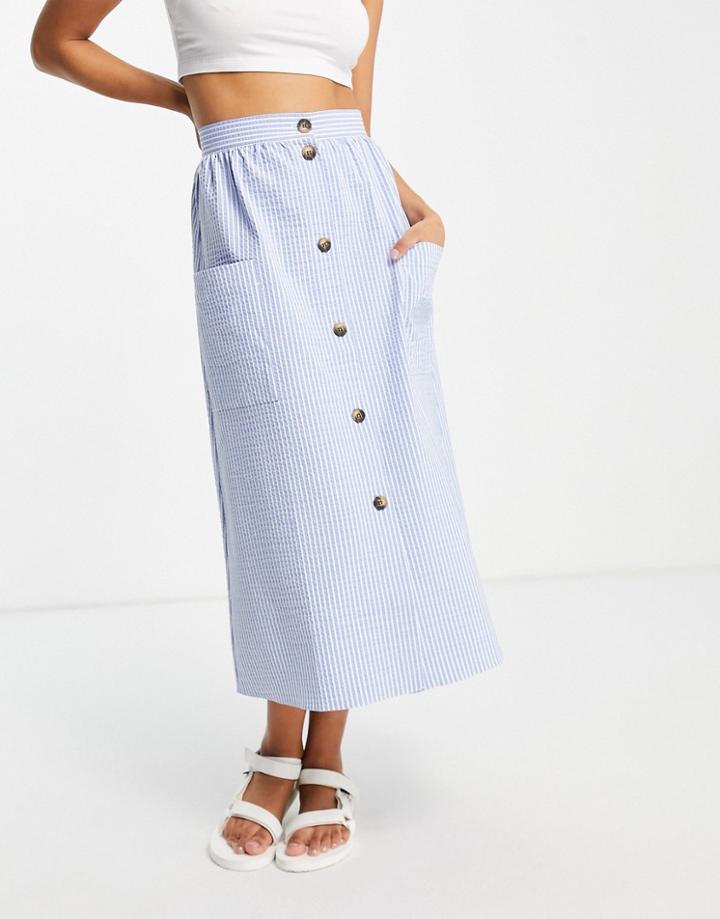 Asos Design Button Through Midi Skirt In Blue Seersucker-multi