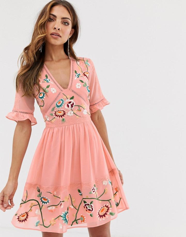 Asos Design Embroidered Mini Dress With Lace Trims - Pink