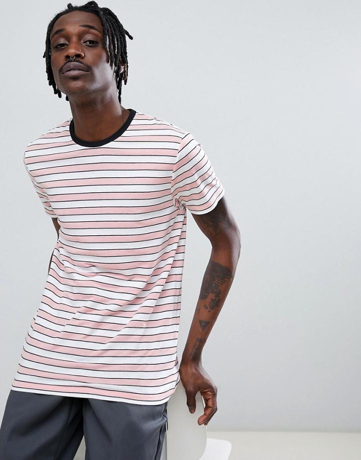 Asos Design Stripe T-shirt In Pink With Contrast Neck - Pink