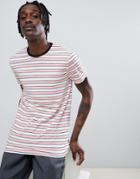 Asos Design Stripe T-shirt In Pink With Contrast Neck - Pink