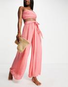 Asos Design Tie Wide Leg Set Beach Pants In Mink-pink