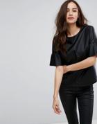 Only Leather Look Top With Ruffle Sleeves - Black