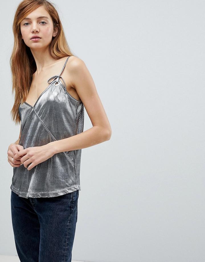 Chorus Plisse Metallic Cami With Eyelet Details - Silver