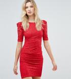 Asos Tall Lace V Back Bodycon Mini Dress With Shoulder Ruffle - Red