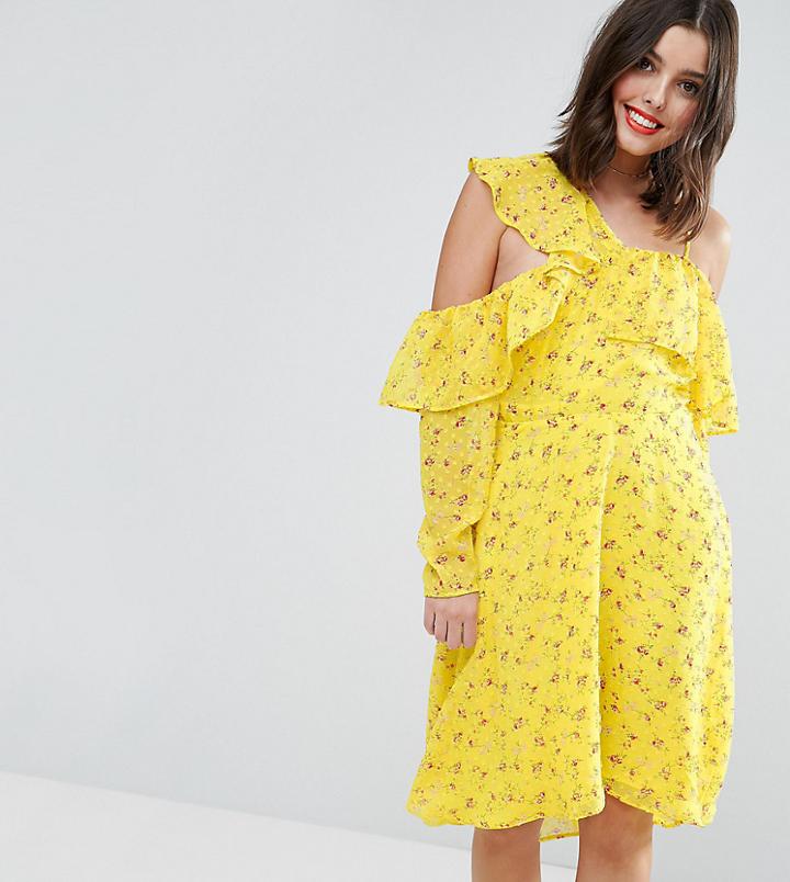 Asos Petite Cold Shoulder Ruffle Tea Mini Dress In Dobby Ditsy Print - Yellow