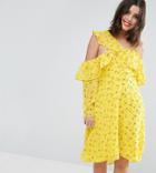 Asos Petite Cold Shoulder Ruffle Tea Mini Dress In Dobby Ditsy Print - Yellow