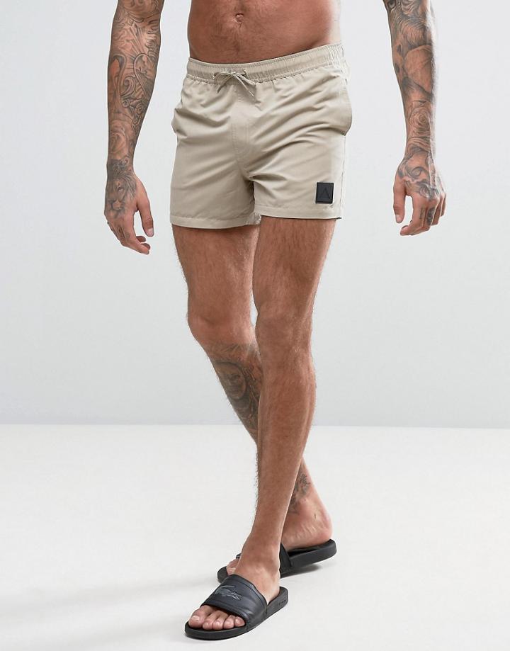 Asos Swim Shorts In Stone With Rubber Triangle Patch Short Length - Beige