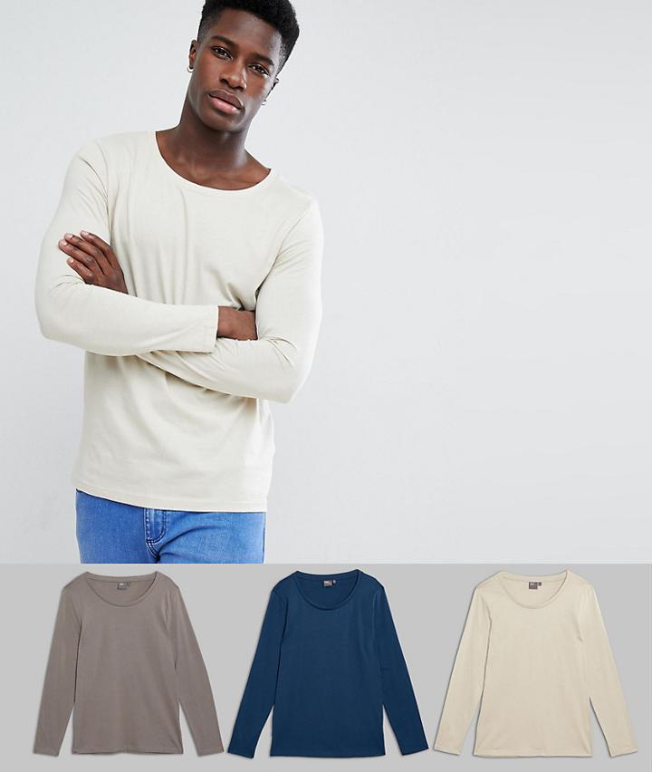 Asos Design 3 Pack Long Sleeve Scoop Neck T-shirt Save - Multi