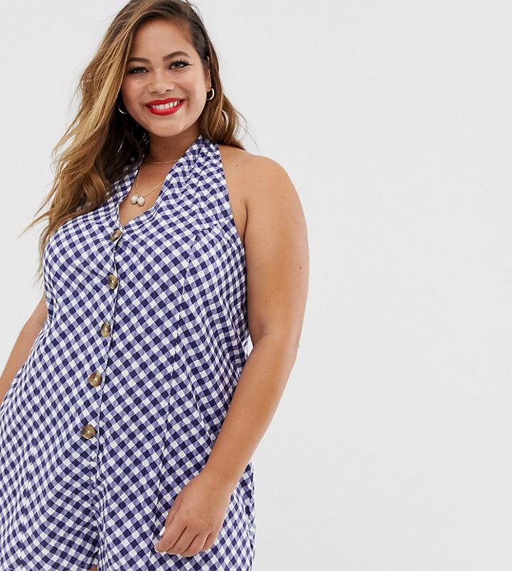 Asos Design Curve Halter Romper With Button Detail In Self Stripe-multi