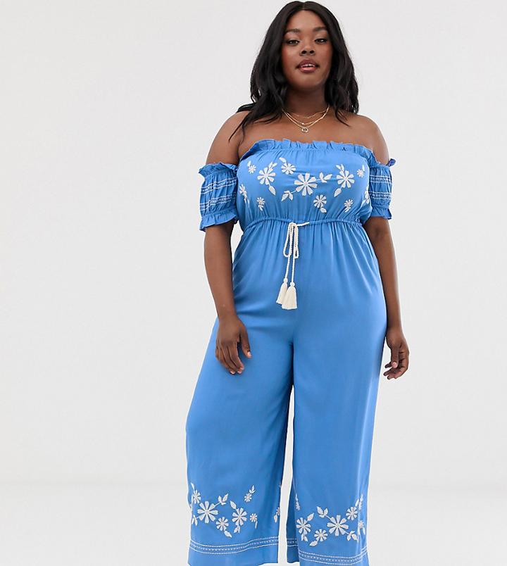 Asos Design Curve Off Shoulder Embroidery Jumpsuit - Orange