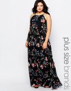 Lovedrobe Plus Halter Neck Maxi Dress With Pleated Skirt In Vintage Floral Print - Black