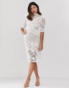 True Decadence Premium All Over Cutwork Lace Contrast Midi Dress With Ruffle Yoke In White - White