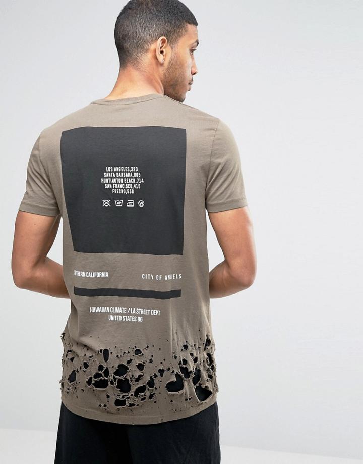 Asos Longline T-shirt With Back Print And Distressed Hem - Green
