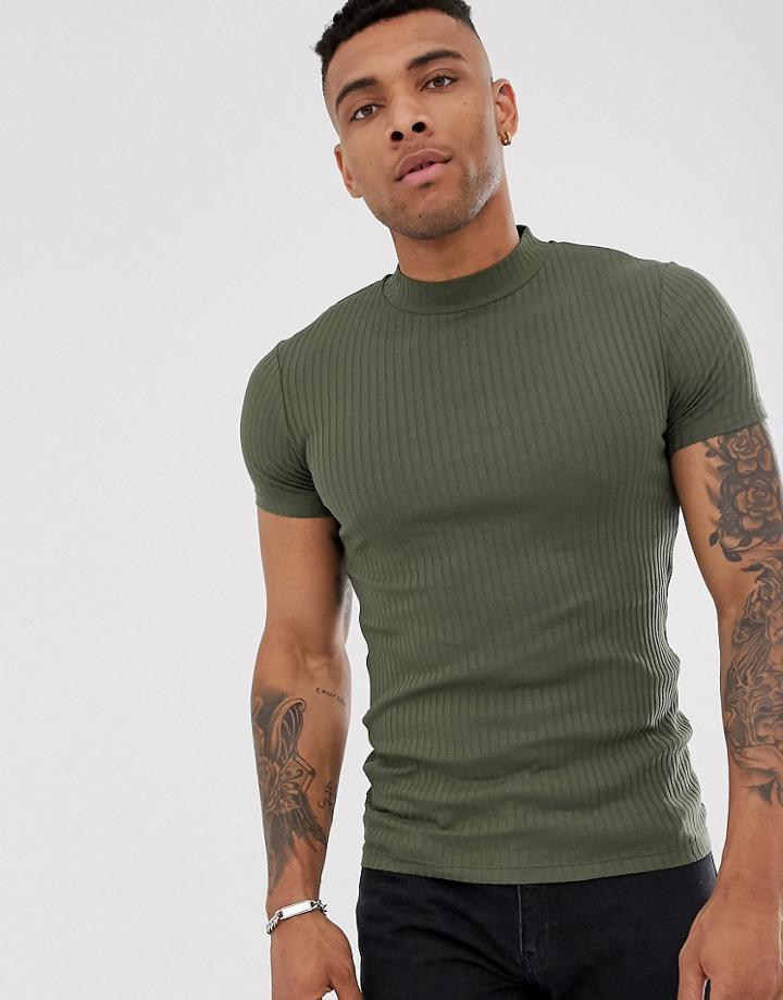 Asos Design Muscle Fit Ribbed Turtleneck In Green