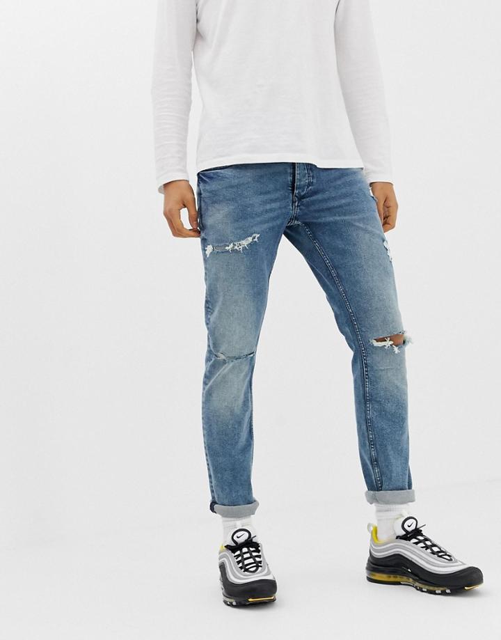 River Island Ripped Skinny Jeans In Mid Wash Blue