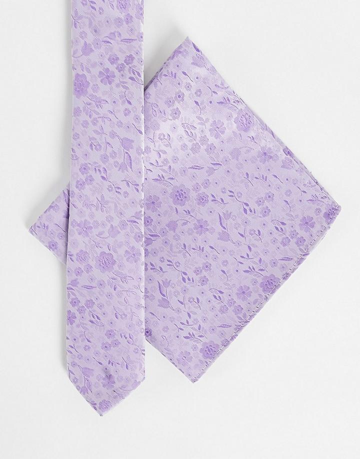 Asos Design Slim Tie And Pocket Square With Ditsy Floral Design In Lilac - Lilac-purple