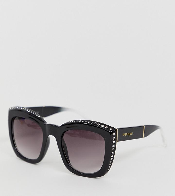 River Island Oversized Sunglasses With Rhinestone Detail In Black - Black