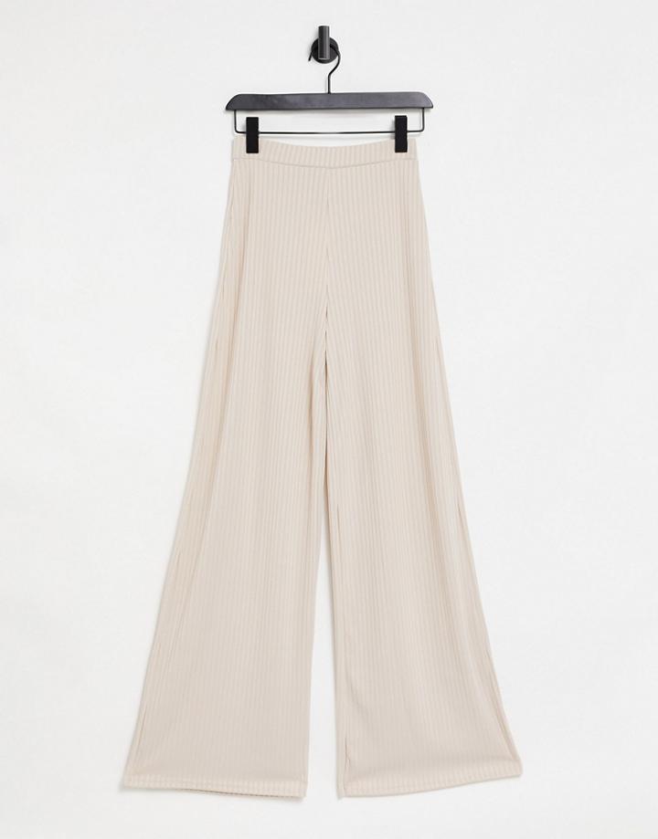Club L London Ribbed Flared Pant Set In Cream-pink