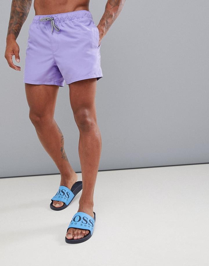 Asos Design Swim Shorts In Lilac Short Length With Black & White Drawcord - Purple