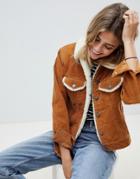 Asos Design Cord Jacket With Fleece Collar In Rust Brown - Stone