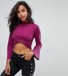 Prettylittlething Flare Sleeve Knot Front Top - Purple