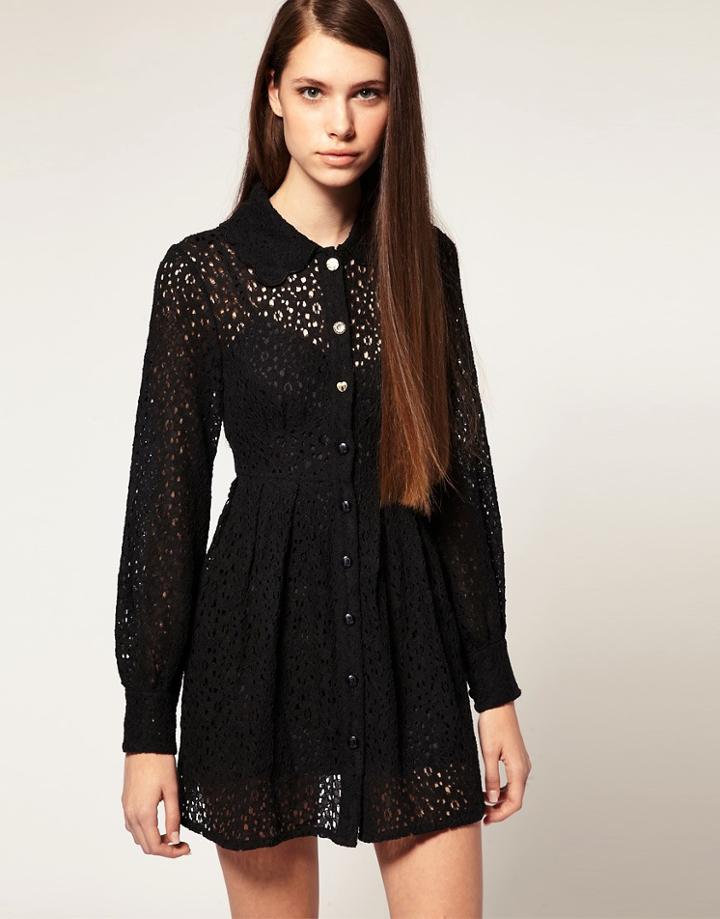 Nishe Lace Mixed Button Shirt Dress - Black