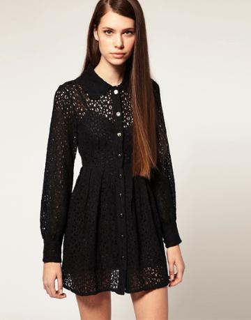 Nishe Lace Mixed Button Shirt Dress - Black