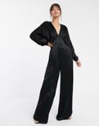 Asos Edition Ruched Batwing Satin Jumpsuit-black