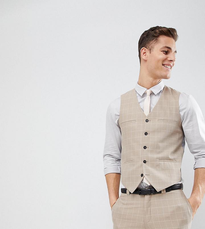 Noak Skinny Wedding Vest In Windowpane Check - Beige