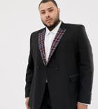Asos Design Plus Skinny Double Breasted Blazer In Black With Checked Lapel - Black