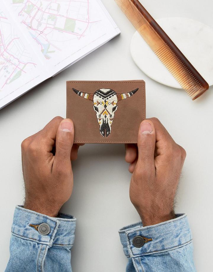 Asos Leather Wallet With Embroidered Rams Head - Brown