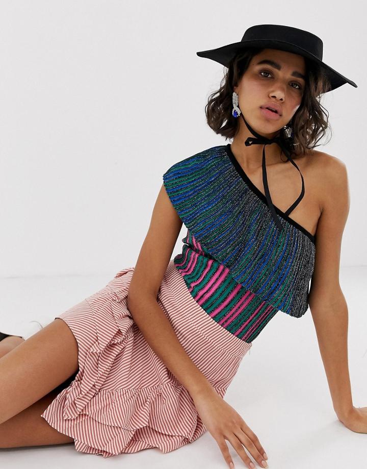 Asos Design One Shoulder Knitted Top In Metallic Multi Stripe - Multi