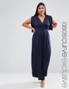 Asos Curve Red Carpet Satin Maxi Dress With Drape And Fold Sleeve - Navy
