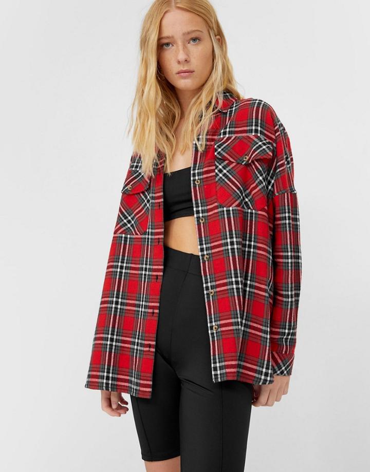Stradivarius Boyfriend Shirt In Red Check