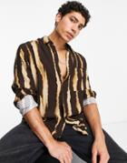 River Island Long Sleeve Tie Dye Revere Collar Shirt In Brown