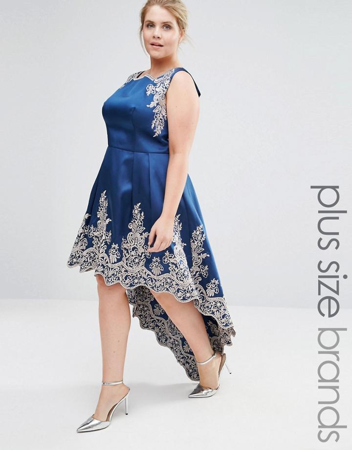 Chi Chi London Plus Embroidered Midi Dress With Hi Lo Hem - Navy
