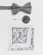Asos Design Wedding Bow Tie & Pocket Square Pack With Lapel Pin In Gray - Gray