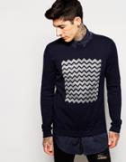 Asos Knitted Jumper With Wave Print - Navy