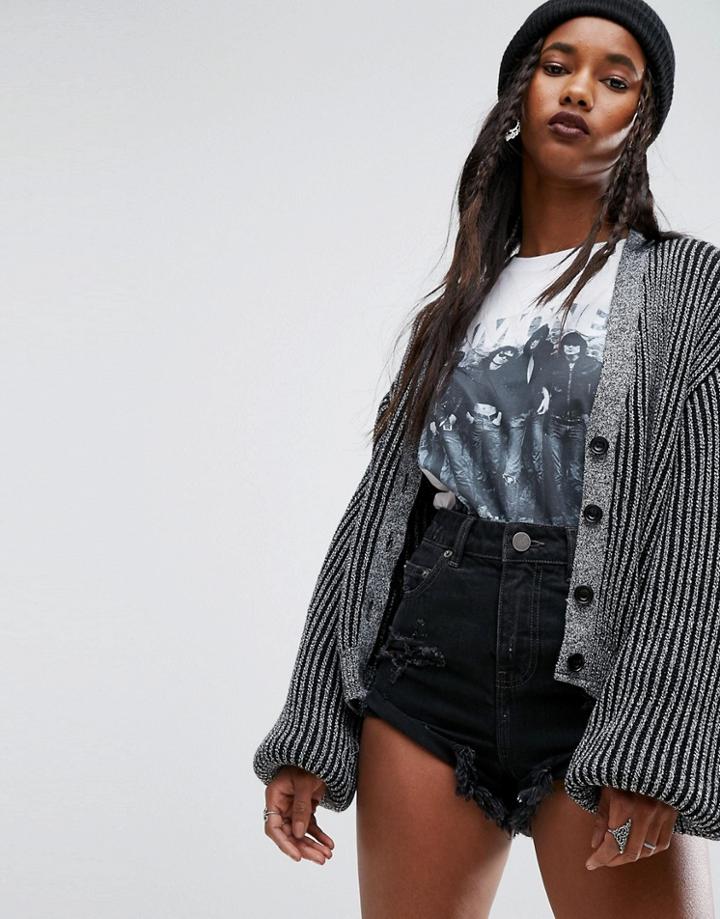 Asos Cardigan In Contrast Rib And Button Front - Gray