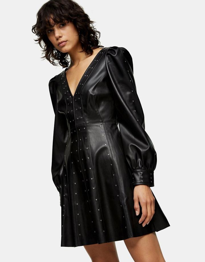Topshop Faux Leather Studded Mini Dress In Black