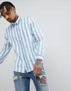 Bershka Stripe Denim Shirt In Blue And White - Blue