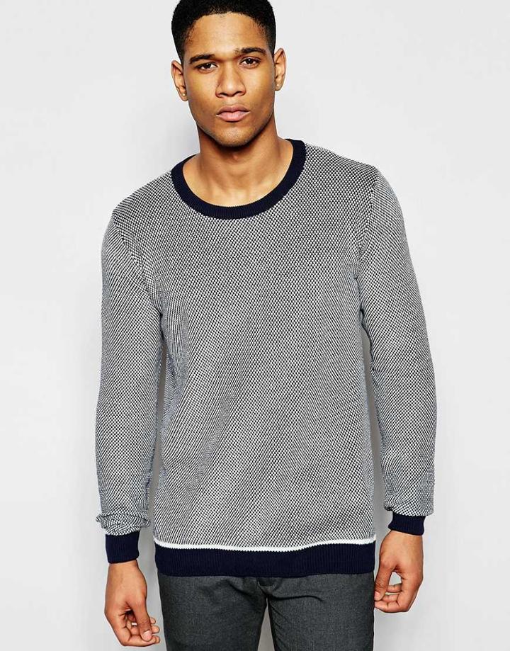 Solid Textured Knitted Sweater With Contrast Hem - Navy