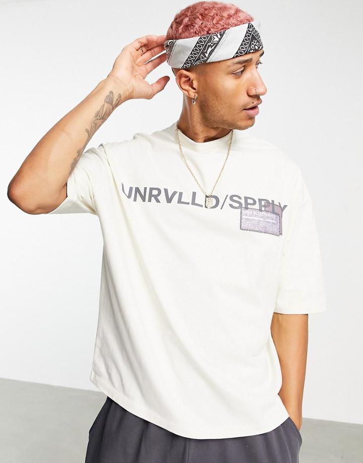Asos Unrvlld Spply Oversized T-shirt In Heavyweight Jersey With Logo Chest Print And Layered Patch In Beige-neutral