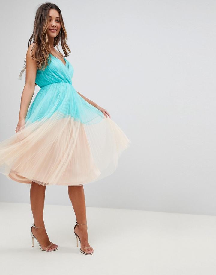 Asos Premium Pleated Tulle Color Block Midi Dress - Green