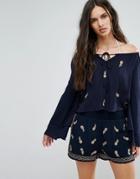 Missguided Pineapple Embroidered Bardot Top - Navy