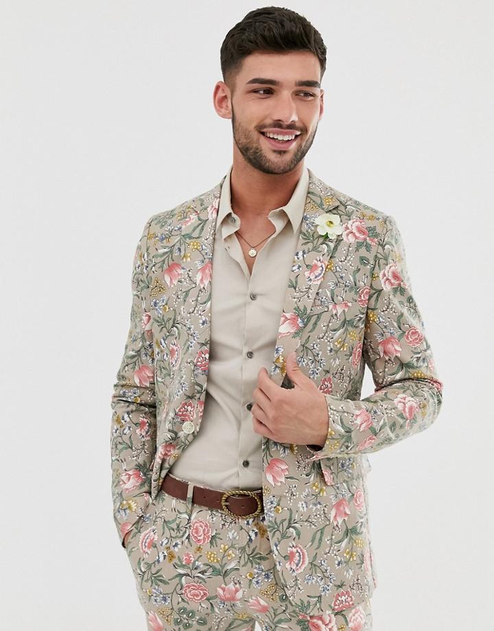 Gianni Feraud Wedding Skinny Fit Linen Blend Floral Suit Jacket - Stone
