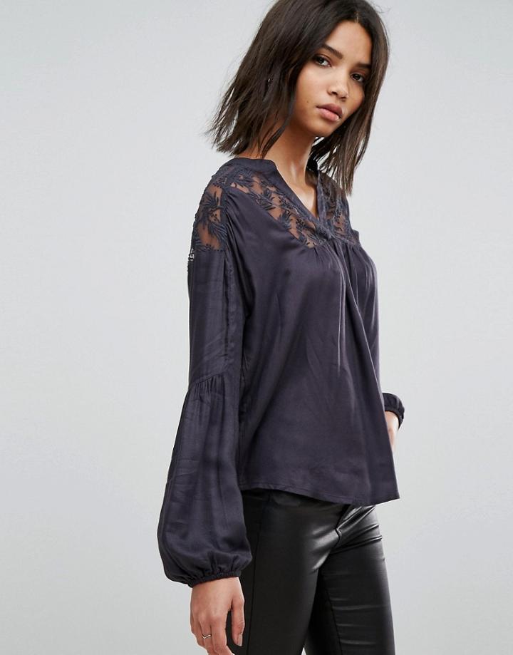 B.young Lace Insert Boho Blouse - Black